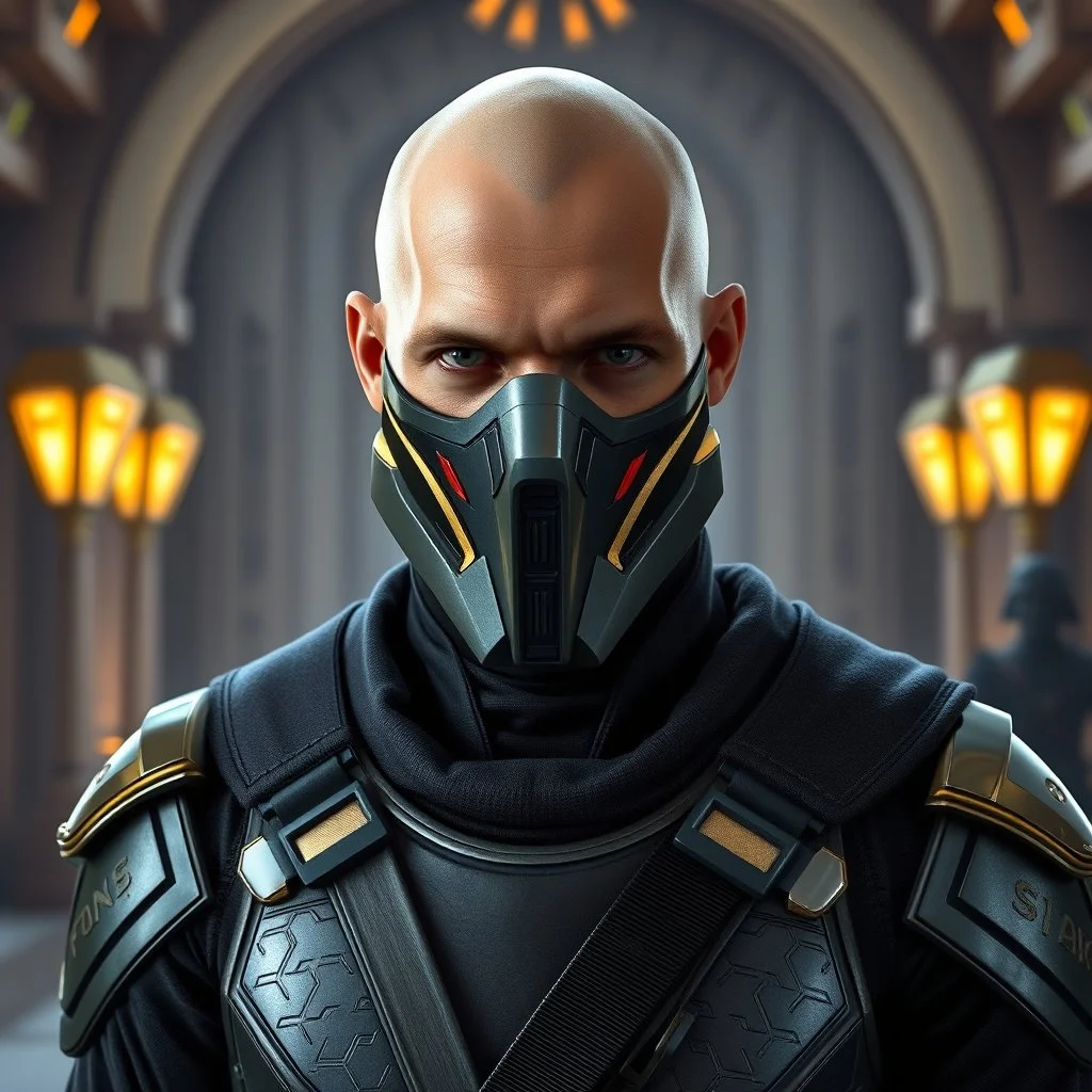 bald male corellian jedi wearing gunmetal grey and black old republic armored flightsuit and breath mask with gold and metallic red trim inside the jedi temple, centered head and shoulders portrait, hyperdetailed, dynamic lighting, hyperdetailed background, 8k resolution, volumetric lighting, light skin, fully symmetric details