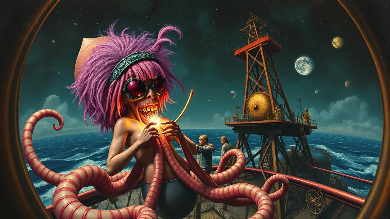 master oil painting by Rembrandt, roller coaster hypno psycho alien squid with rocker wig breast feeding with some bad ass power off shore oil platform cyber punk people experiencing gravity at its worst, pin hole cam, twisted perspective, goa trance music poster, awake within a dream