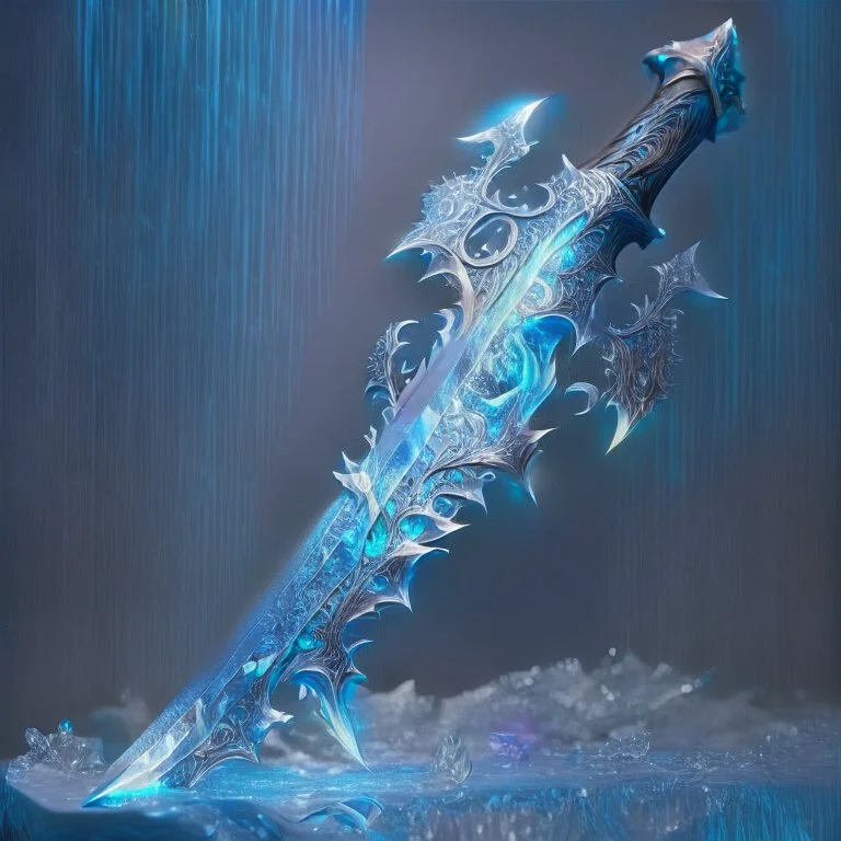 A fantasy sword that is a slender, translucent blade made of ice, shimmering with an ethereal blue glow. Its hilt is crafted from swirling vines, leading to a vibrant crystal at the pommel. With a black background behind it.