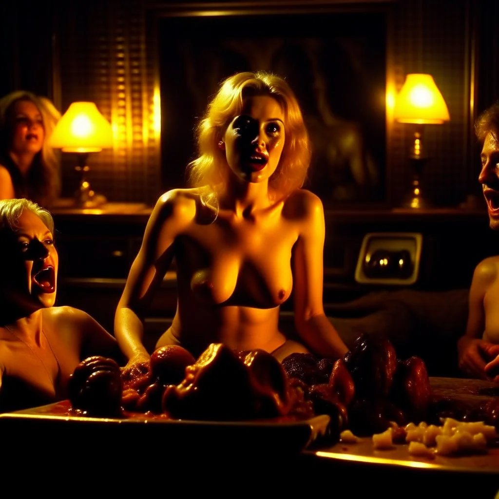 Spooky, ultra realistic, distress, nude, dining, ultra realistic hot woman, pieces of meat, creepy, woman, organic ail dynamic, anguish, excited and lively scene, hot women, hypermaximalist figures, stb, Creepy, Alfred Hitchcock, Sam Raimi, sinister, John Carpenter, Dario Argento, ornate