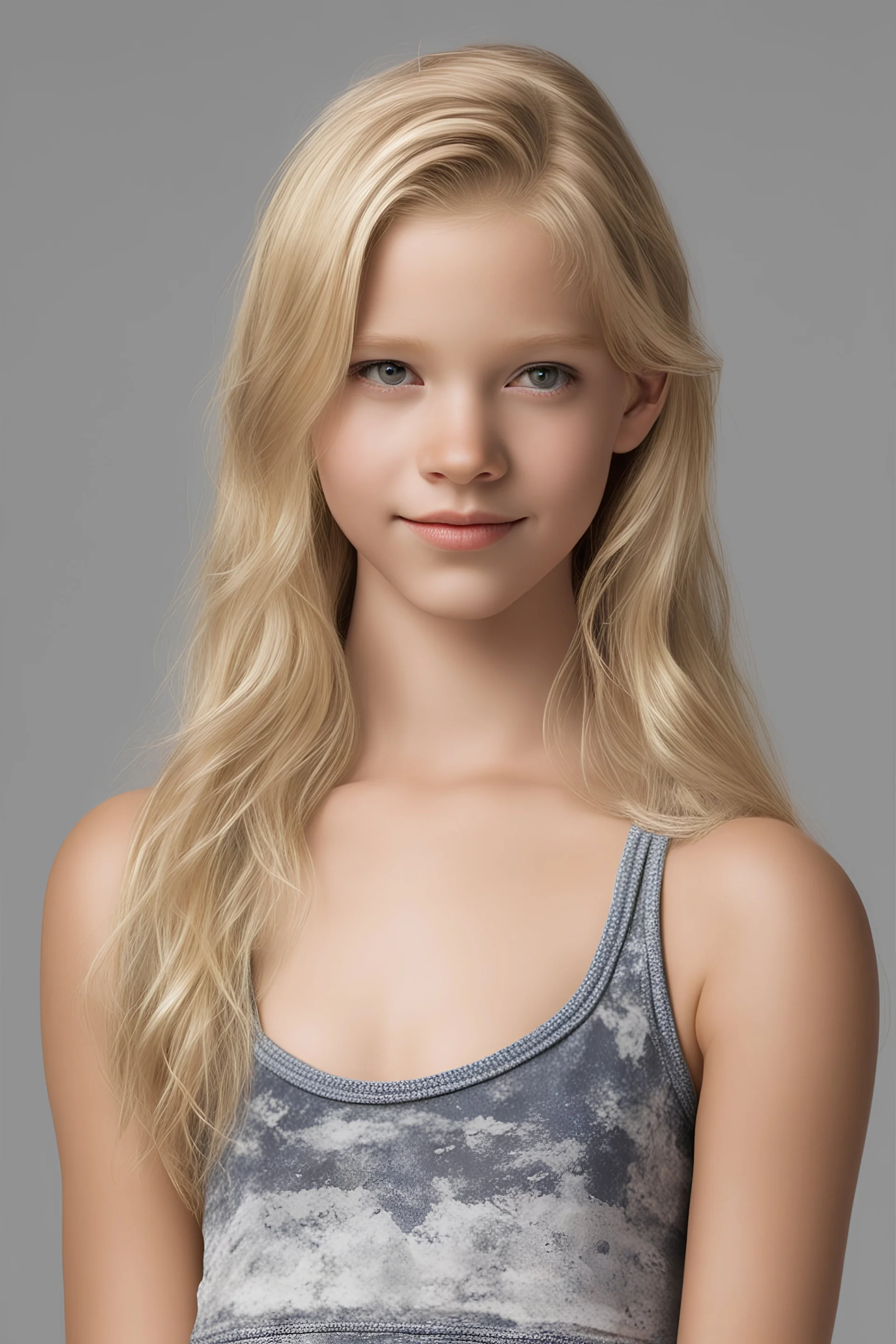 photorealistic, blonde tween, smirking, crop-top, tiny body,