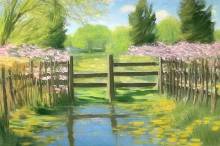 amazing sunny spring day, trees, flowers, fence, little pond, philip wilson steer impressionism painting