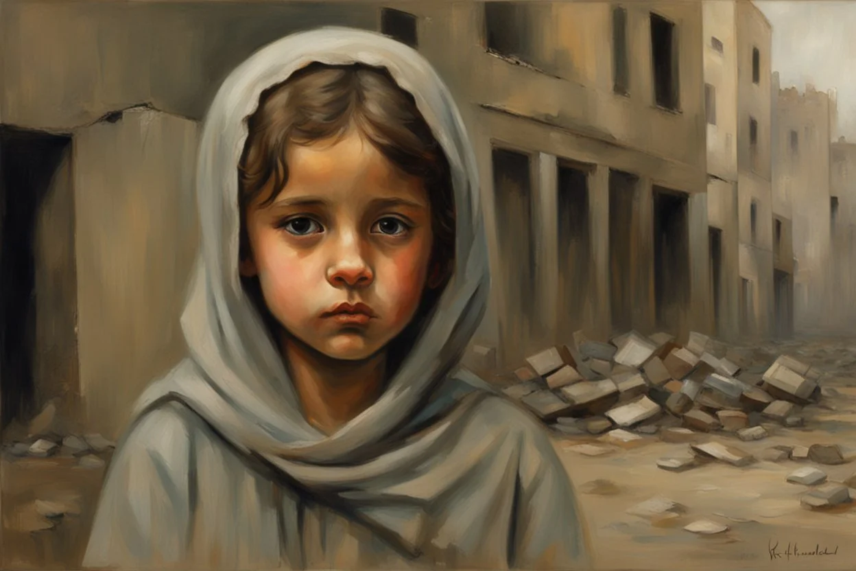 Grey sky, crying little palestinian girl wearing kuffeah , rocks, destroyed buildings , emotional influence, friedrich eckenfelder and willem maris impressionism paintings