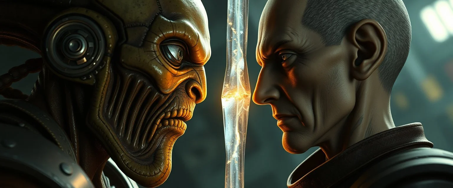 Close-up confrontation between an ancient alien outcast leader synth and a space broker, standing only a meter apart, intense eye contact, glowing crystalline rod between them, anger mixed with sadness, dramatic facial expressions, shallow depth of field, cinematic lighting, stylized 3D anime, airbrush painting, crisp outlines, escher , rembrandt and titian, fallout 4