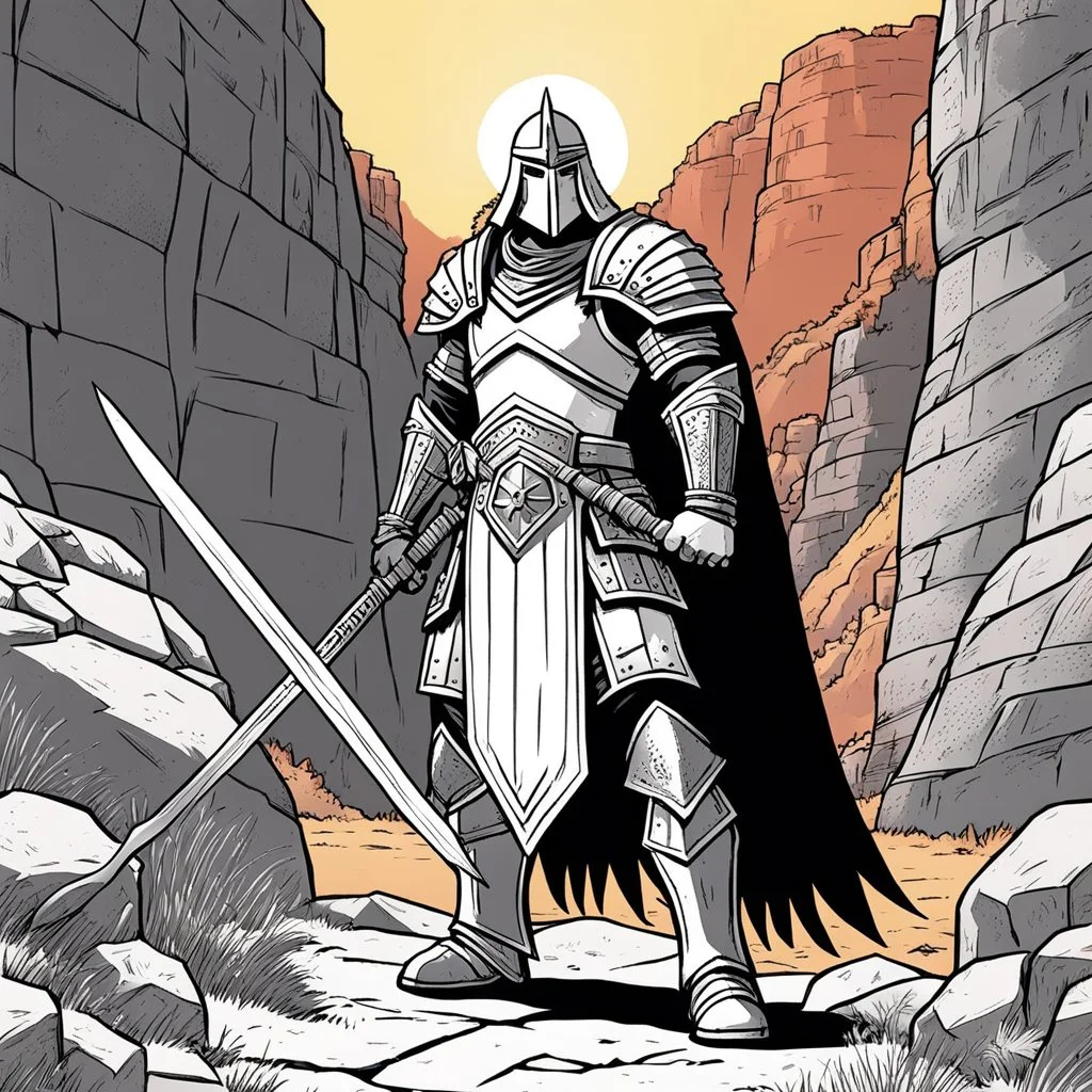 [comics Head Lopper style by Andrew MacLean] The hero, clad in plate armor, his two hands on the hilt of his zweihandsword, stands guard at the narrow passage in the canyon. Guard up, he knows he may die protecting the valley.The sun beats down mercilessly, casting harsh shadows across the rocky terrain. The hero's armor gleams in the sunlight, a beacon of strength and determination. His grip tightens on the hilt of his massive sword, ready to face whatever may come.