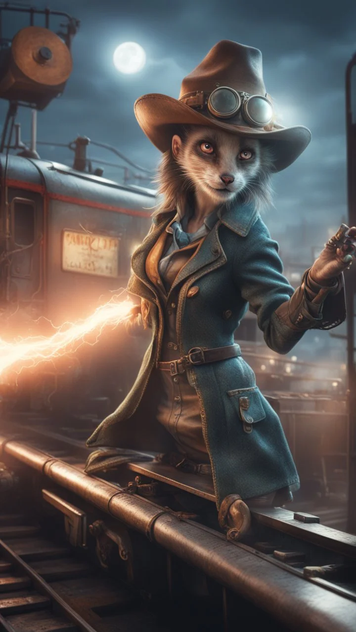 flashy magazine cover illustration, fallout 4 docks setting, horror weird cowboy wizard cyberpunk weasel in female garments on top of train ,holding dynamite, getting hit by lightening electric arc, with big disturbed eyes,bokeh like f/0.8, tilt-shift lens 8k, high detail, smooth render, down-light, unreal engine, prize winning