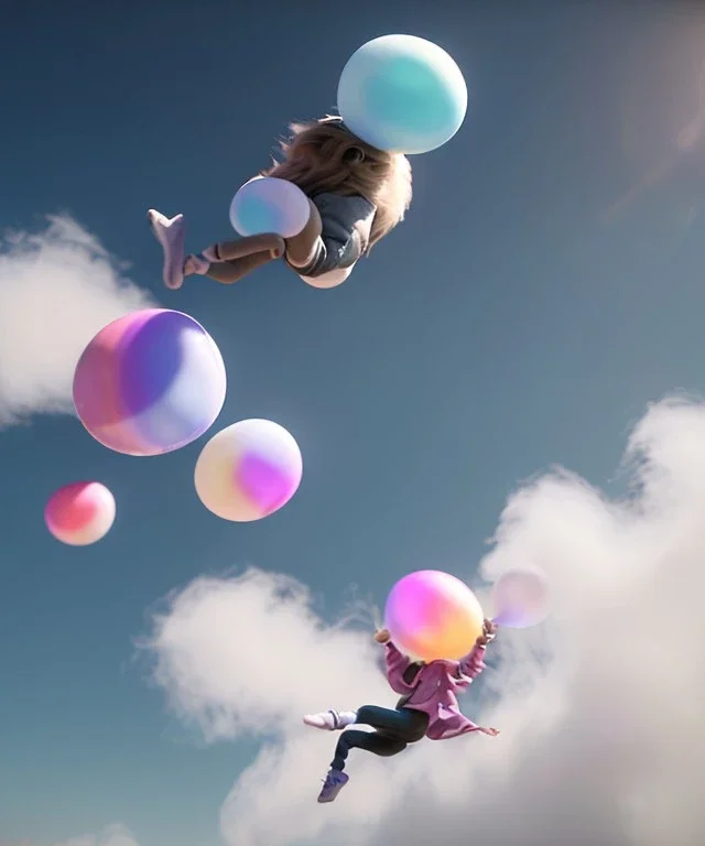 Ultra realistic speed clouds sky scene, wide angle view, sweet childs falling down, inflatable color clothing, free jumping flying, many trinkets, hair monster, many jelly beans, balls, color smoke, smile, happy, circus style, extreme, wind, clouds sea, 20,000 feet altitude, stratosphere, soft color, highly detailed, unreal engine 5, ray tracing, RTX, lumen lighting, ultra detail, volumetric lighting, 3d, finely drawn, high definition, high resolution.