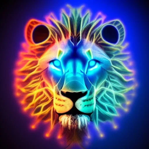 A beautiful portrait of a cyborg lion blue neon color scheme, high key lighting, volumetric light high details psychedelic background