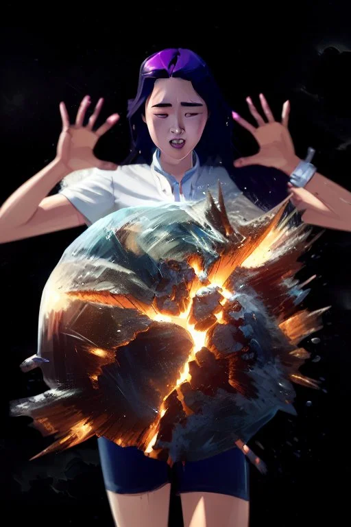 An image of a young Korean woman with a eyes closed expression happy, holding her hands up as if she is reacting to a catastrophic event in front of her. Film, cinematic, realistic, extreme depth of field, She is wearing a white blouse with detail, blue shorts, and sunglasses pushed up onto her head. In front of her, there is a highly detailed planet resembling Earth, dramatically cracking and breaking apart with fiery explosions and molten lava visible at the fractures.