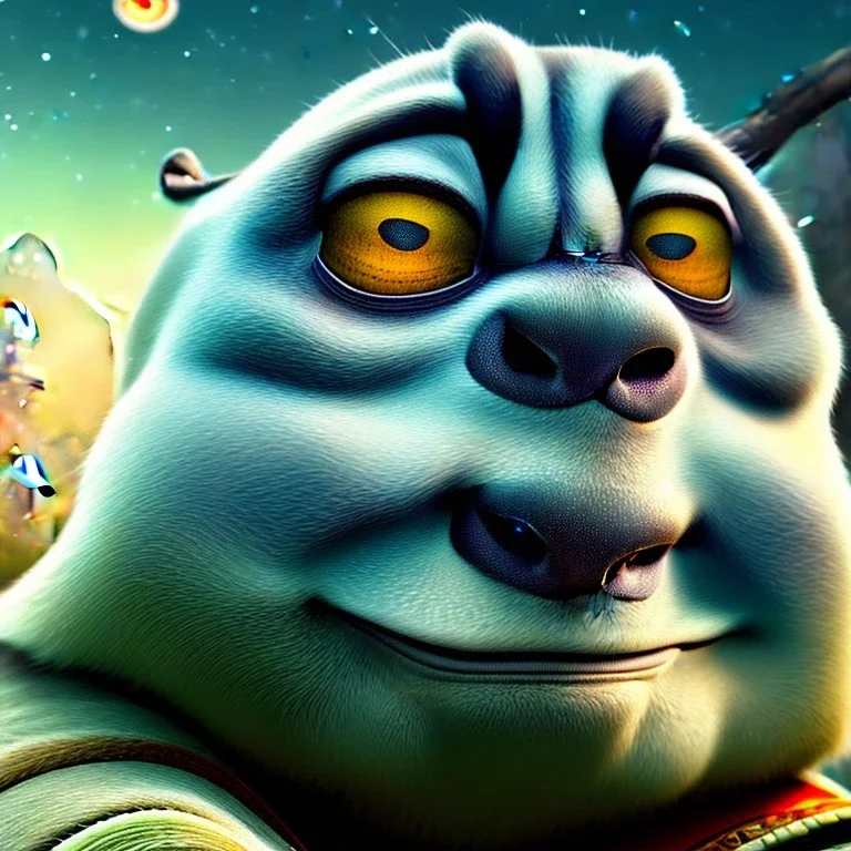 Master Oogway meditating, medium shot, background galaxy