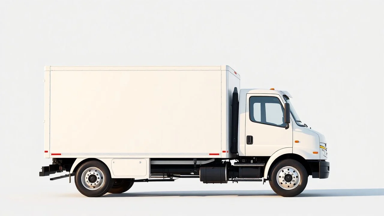 side profile of a white generic light commercial truck with cube box, pixxar