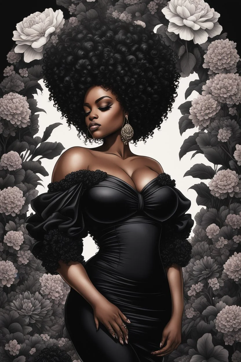 Create an urban art drawing image of a curvy size black female wearing a black off the shoulder blouse and she is looking down with Prominent makeup. Highly detailed tightly curly black afro. Background of large black flowers surrounding her