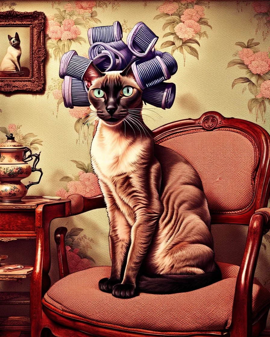 Create an old hyper realistic photo of an Oriental shorthair Siamese cat sitting in a chair with curlers on her head. In an old fashioned background with a nice botanical wallpaper, an old painting in the background. A vintage look, soft colors, a grunge filter.