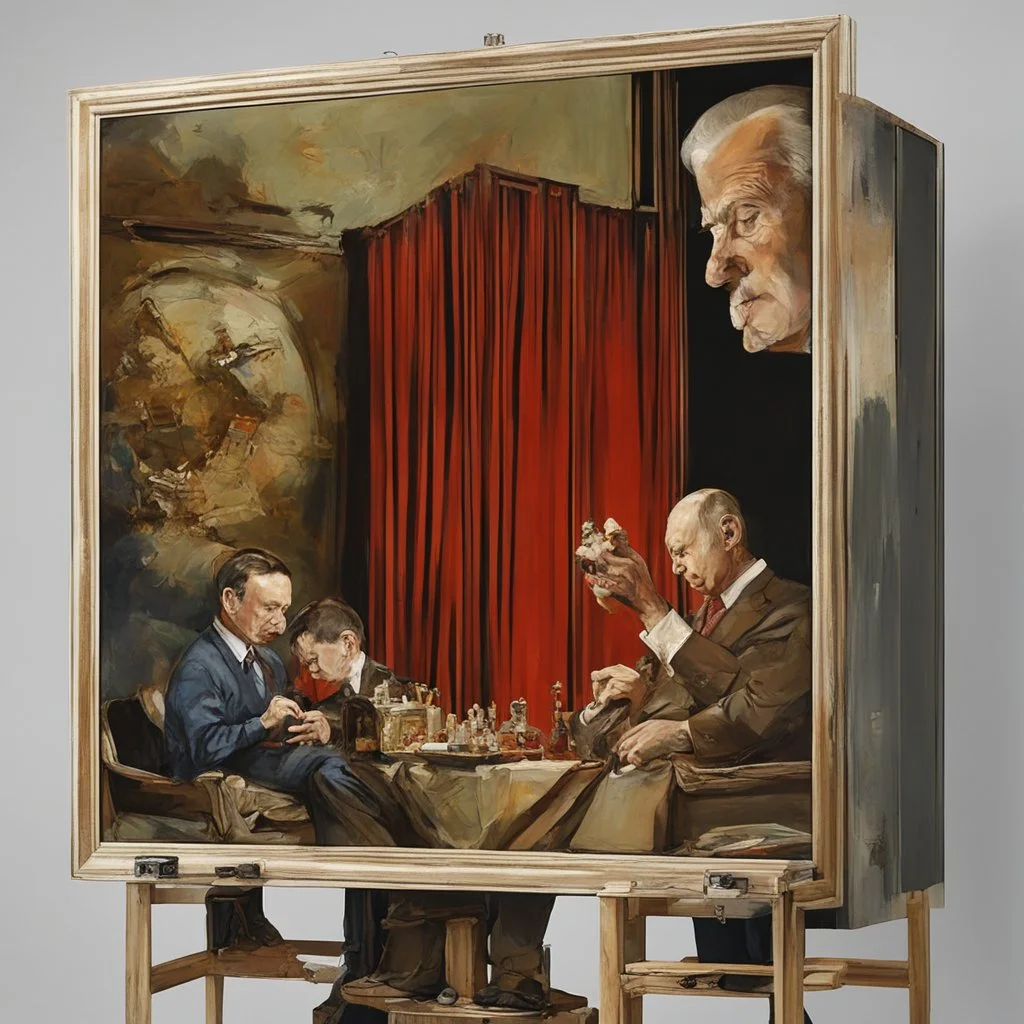 Putin, President Xi Of China And Joe Biden Play Chess With Atomic Bomb Mushroom Cloud,Complex Surgical Instruments Intermixed With A Newborn Boy,Minimalism,Painting By Adrian Ghenie,Rene Magritte,Pablo Picasso,Michelangelo,Salvador Dali,Lucian Freud