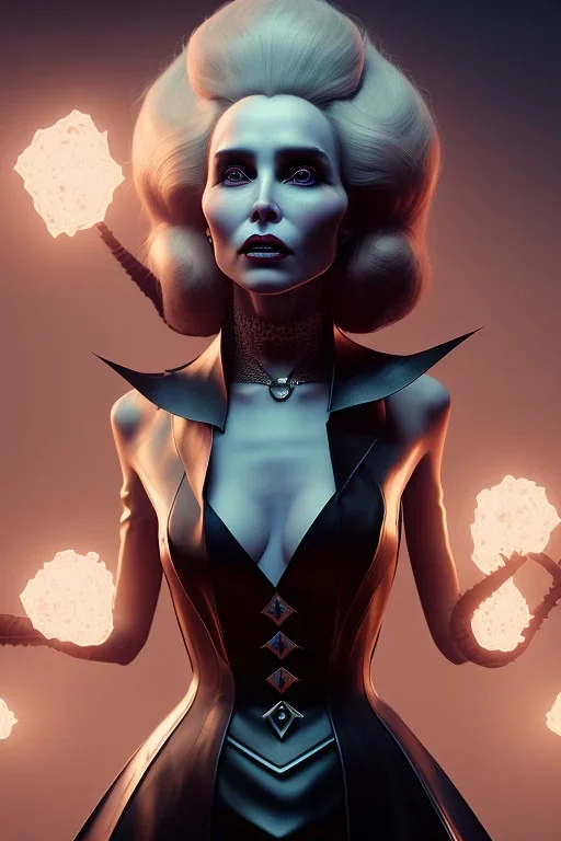 Constance Langdon as evil queen in black leather, leather, busty, cleavage, angry, stern look. character design by cory loftis, fenghua zhong, ryohei hase, ismail inceoglu and ruan jia. unreal engine 5, artistic lighting, highly detailed, photorealistic, fantasy