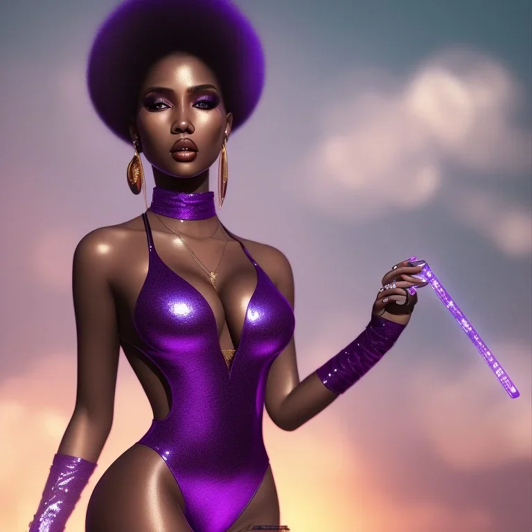 full body shot, masterpiece, best quality, voluptuous, thicc, black-skinned, sparkling eyes, fluorescent skin,purple-dark makeup, gangsta style, highly detailed body, sunlight, 4K, RAW, depth of field, high contrast, realistic details, 24mm