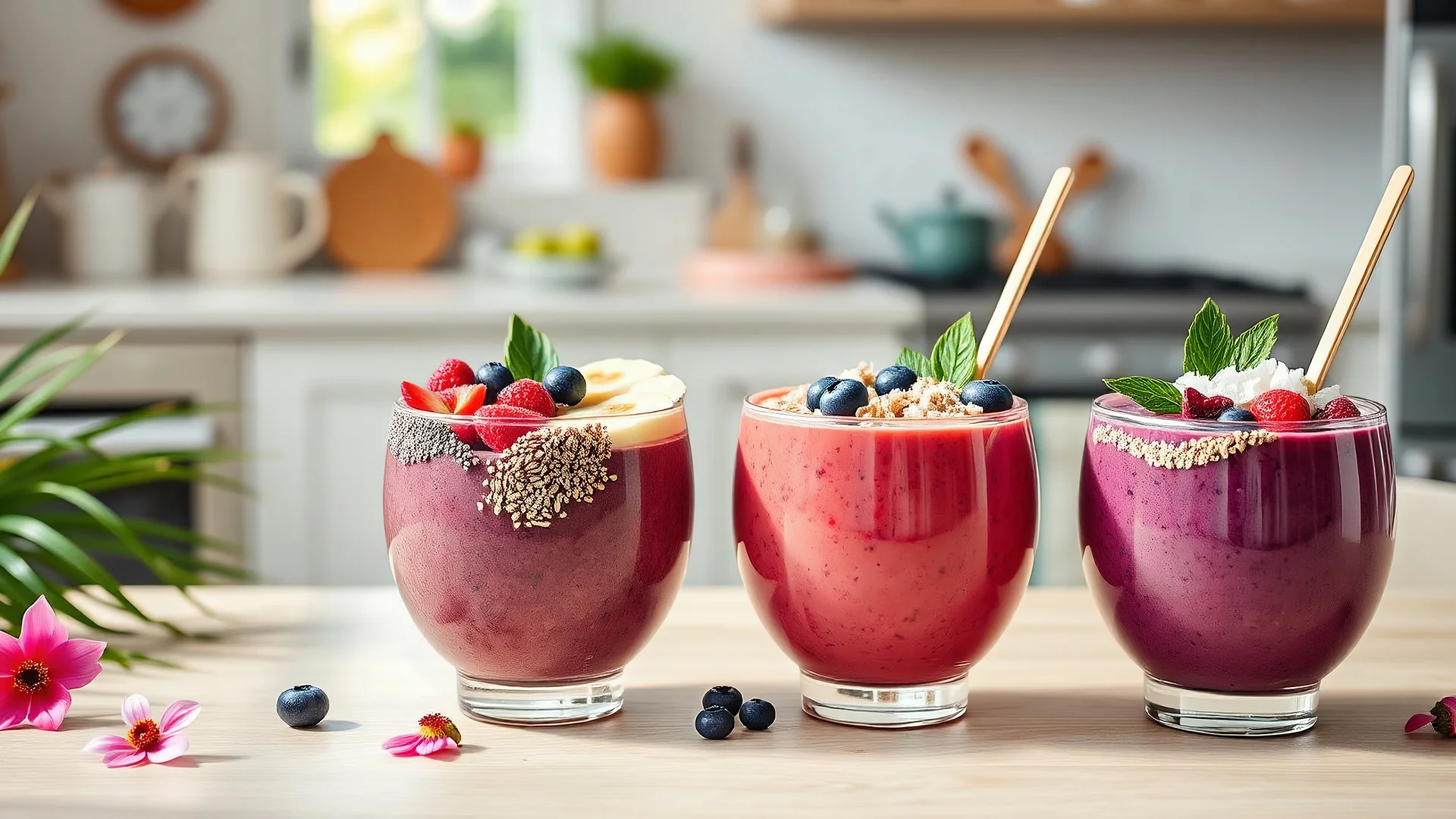 Editorial photo , "Three smoothie bowls, each filled with vibrant, colorful ingredients such as acai, blueberries, kiwi, bananas, chia seeds, and coconut flakes. The bowls are arranged on a light wooden table with tropical flowers and a bright, sunlit kitchen in the background."professional,natrual bright light