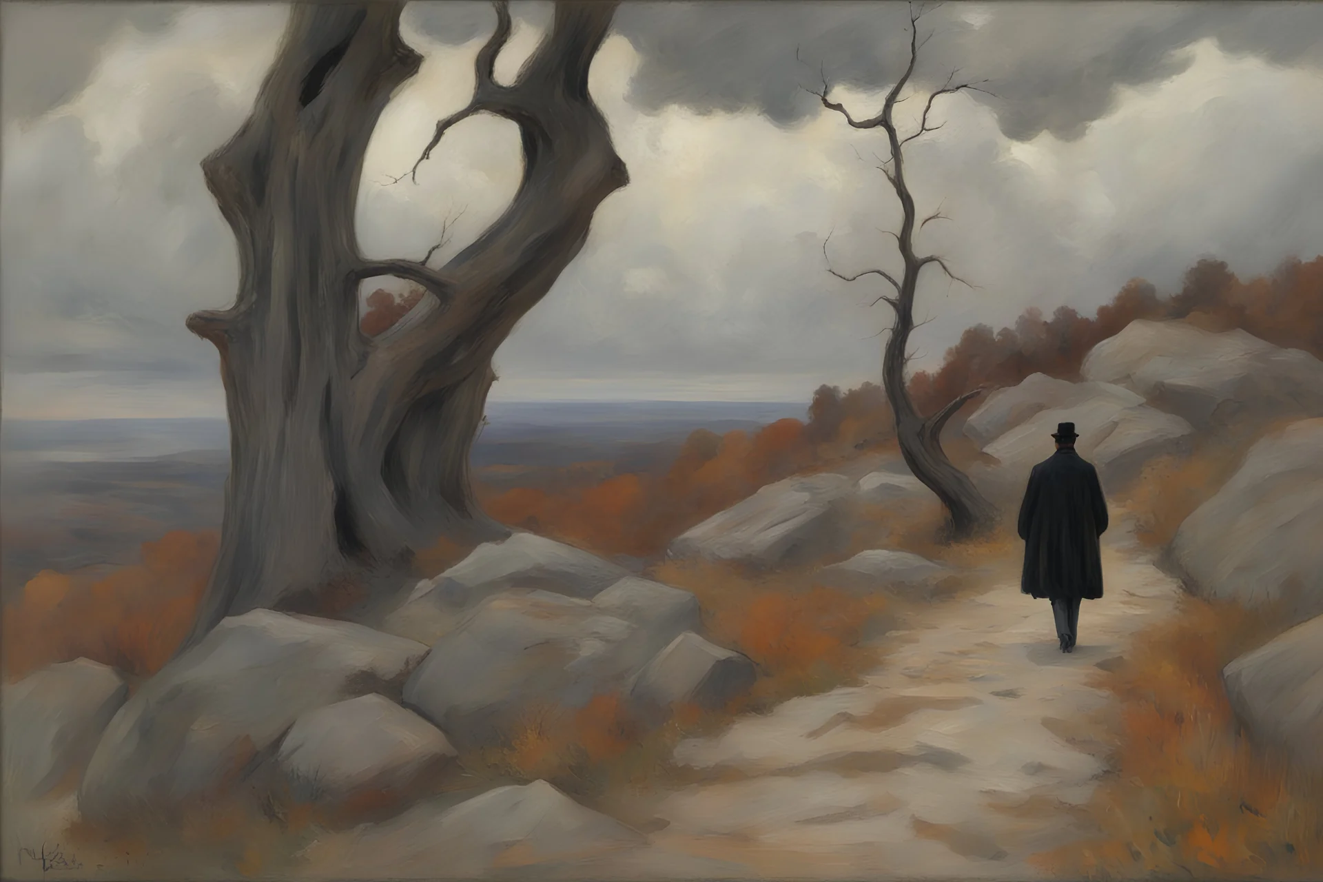 dry trees, autumn, clouds, rocks, one person, horror gothic movies influence, wilfrid de glehn and gustave caillebotte impressionism painting