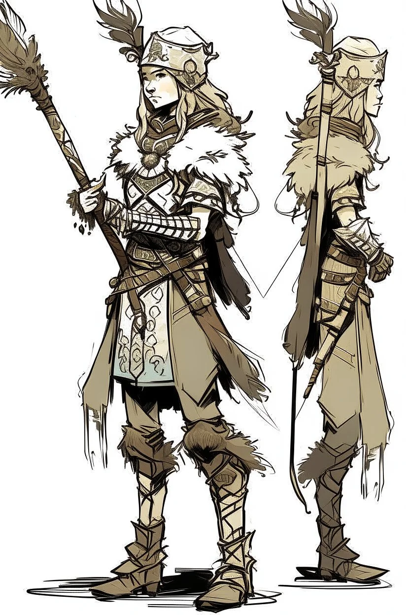 Girl Archer concept art, small head, full body, sketch, coll style, bow