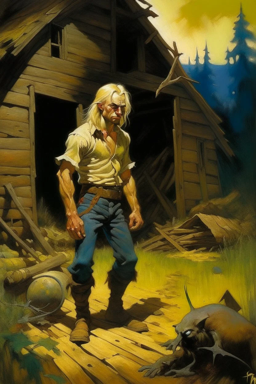 1970's dark fantasy cover dnd style oil painting of a wasted hobo skinny medieval farmer blond man with sport outfits working at a hunted house with minimalist far perspective. Magazine.