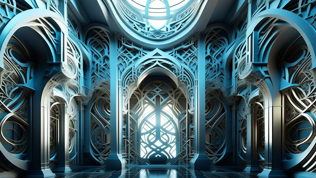 A digital illustration showcasing a futuristic interpretation of Arabesque design elements integrated into a cutting-edge architectural marvel. The scene is infused with the energy of Aries, symbolizing strength and determination. The suffix enhances the overall aesthetic with a touch of avant-garde sophistication