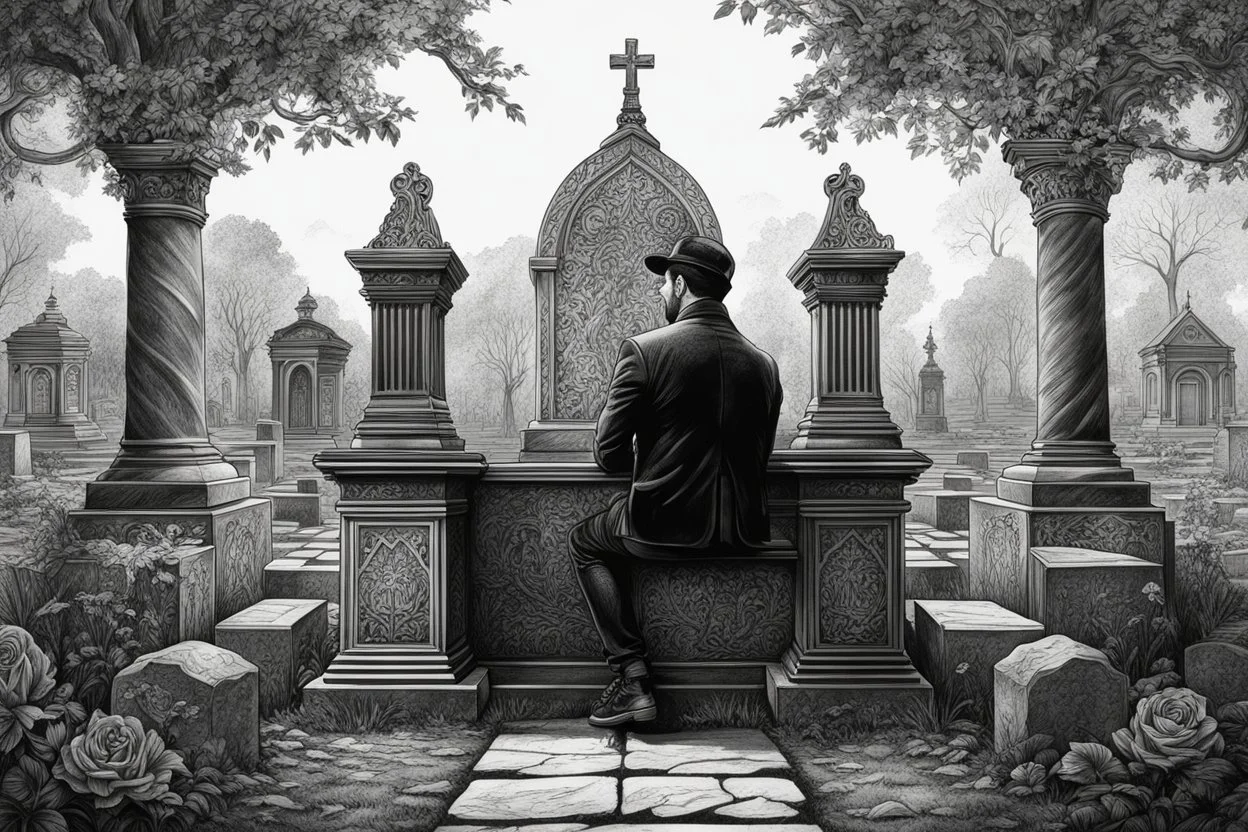 Man sitting a front of solo grave of Cemetery in 8k tattoo drawing style, intricate details, highly detailed, high details, detailed portrait, masterpiece,ultra detailed, ultra quality