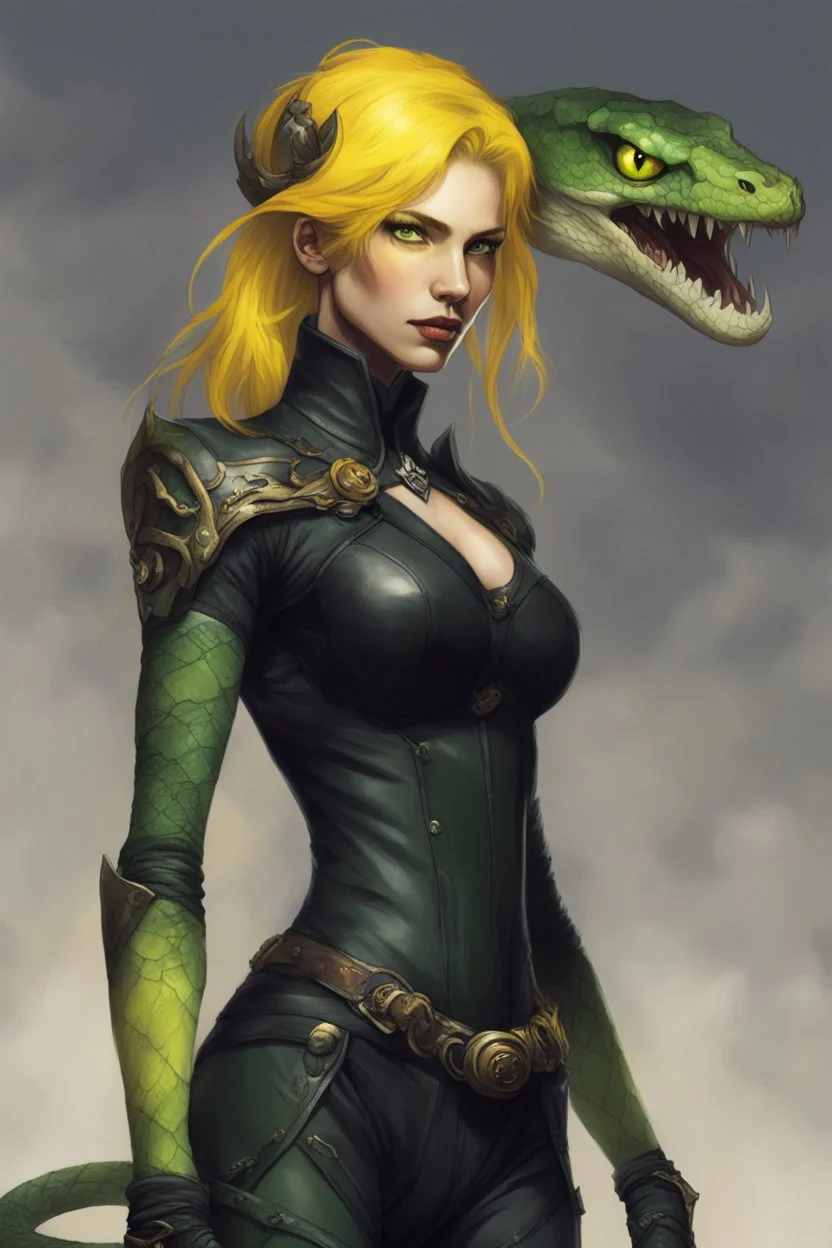 a female humanoid with the face of a snake, dungeons and dragons, wearing a black leather armor, green scales, yellow eyes