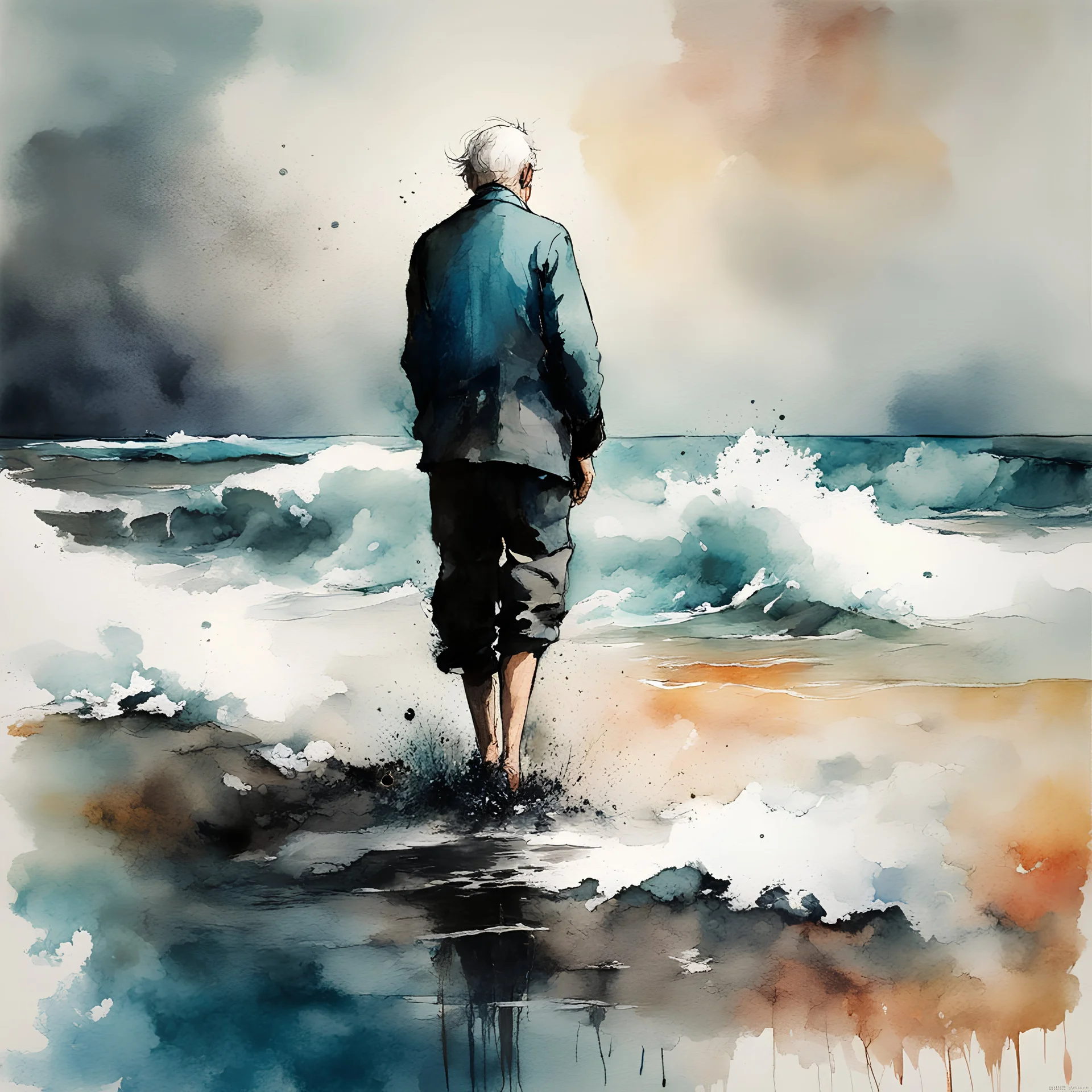 Old man with rolled up pantlegs standing in the ocean on shore, ocean waves to horizon, impressionism, watercolor and ink painting, medium brush strokes, romantic background, ink splatter, depiction of light in in its changing qualities, by Claude Monet and Bill Jacklin, dynamic composition, by Russ Mills, cool colors,