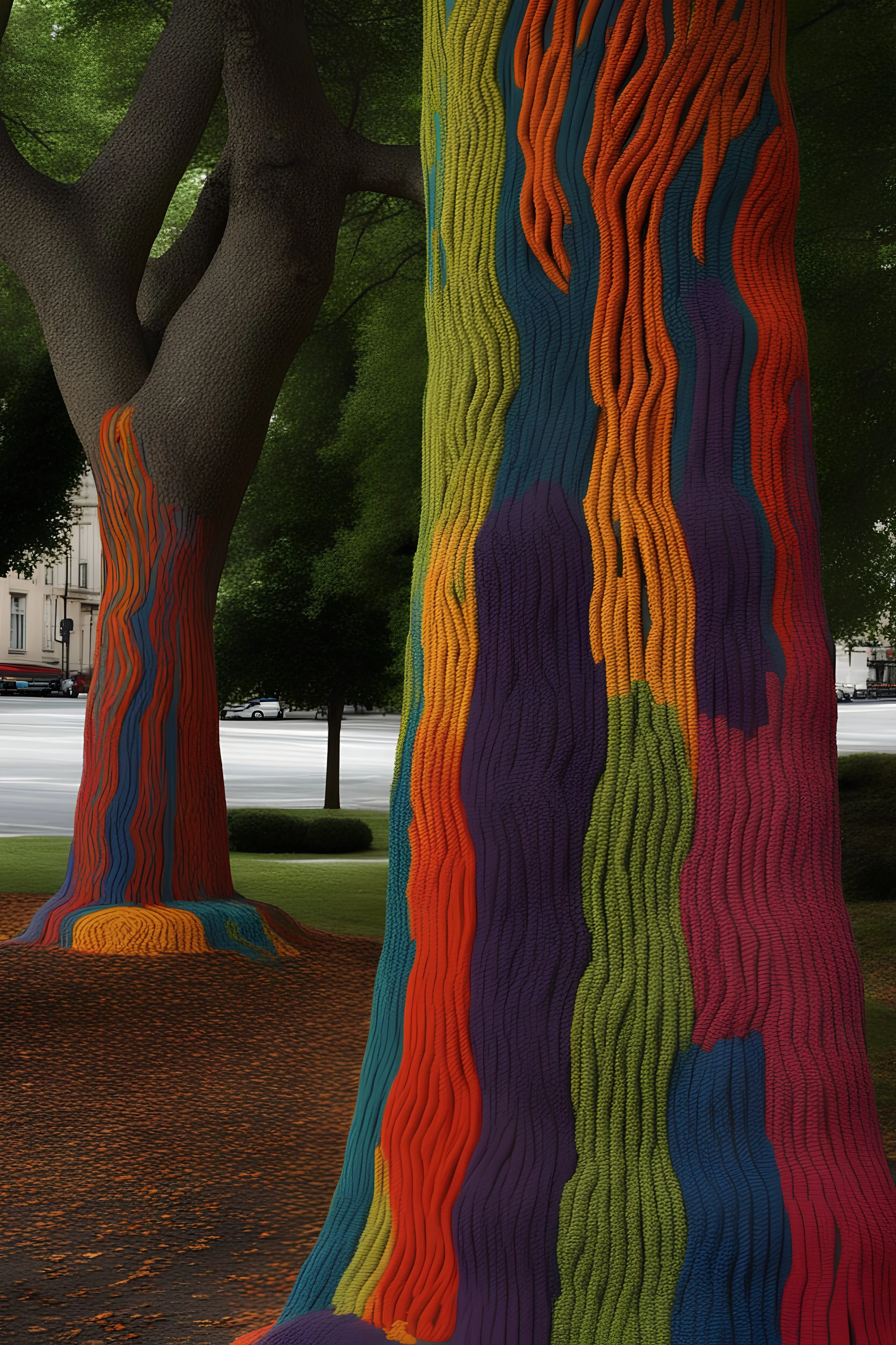 Yarn bombing trees in a chevron pattern; Neo-Impressionism; symbolism; Contemporary; Van Gogh; Hundertwasser; Giger