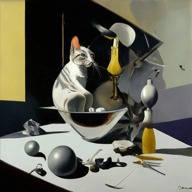 Abstract painting formed by a mix of human flesh-like surgical instruments and universe-like neuralink, a cat looking at a pigeon inside a huge bulb between light and shadow at dusk,surrealism,minimalism,Painting By Adrian Ghenie, Rene Magritte, Salvador Dali, Lucian Freud