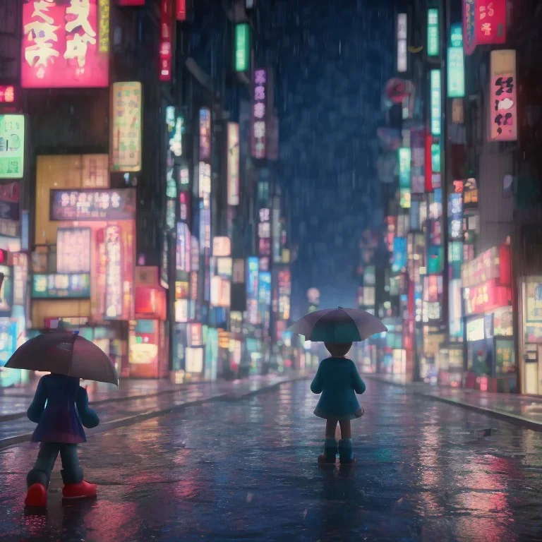 foto tirada por tras de um garoto solitário, nas ruas de tokyo, na chuva de noite