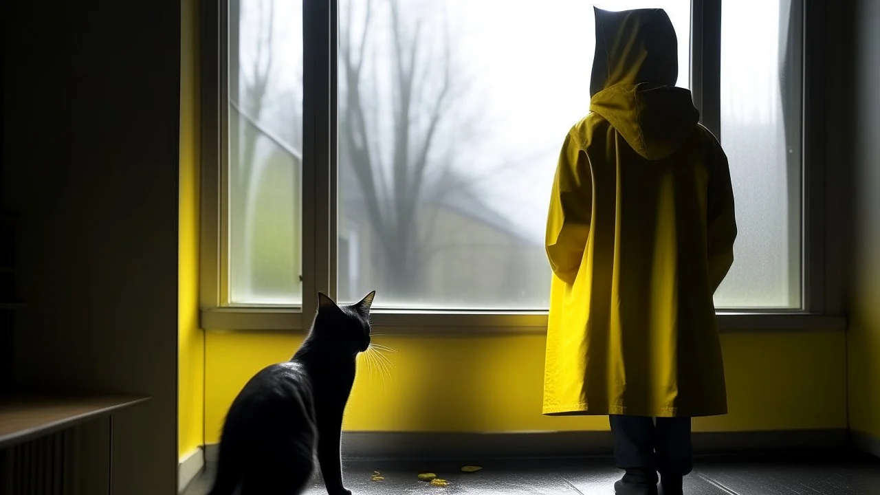 A person wearing a yellow raincoat is standing in a deserted room looking out a window. A black cat is sitting nearby, watching the person.