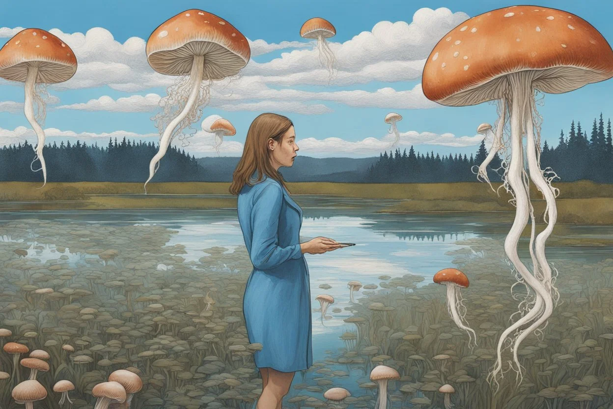 woman standing next to a lake looking at flying mushrooms, with jellyfish tenacles in a blue sky