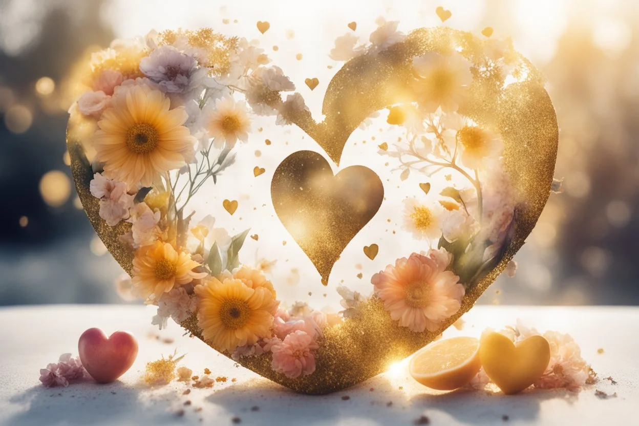 double exposure, merged layers, healthy food, flowers, heart and love in sunshine, watercolor and black ink outlines, sparkling golden glitter, ethereal, cinematic postprocessing, bokeh, dof