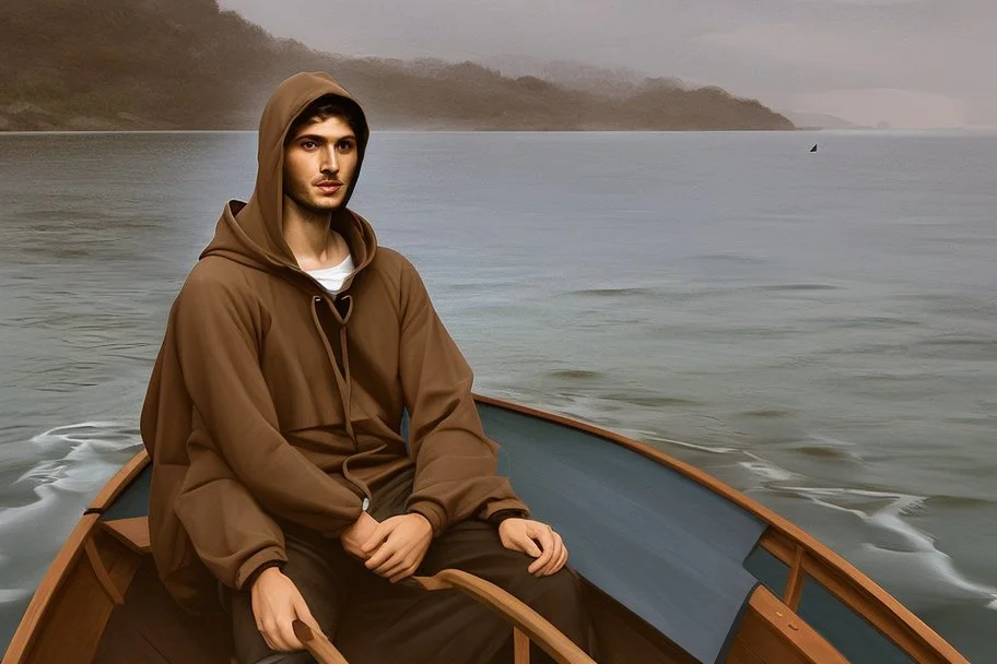 Modern man in a boat wearing hoodie by Andrea del Sarto