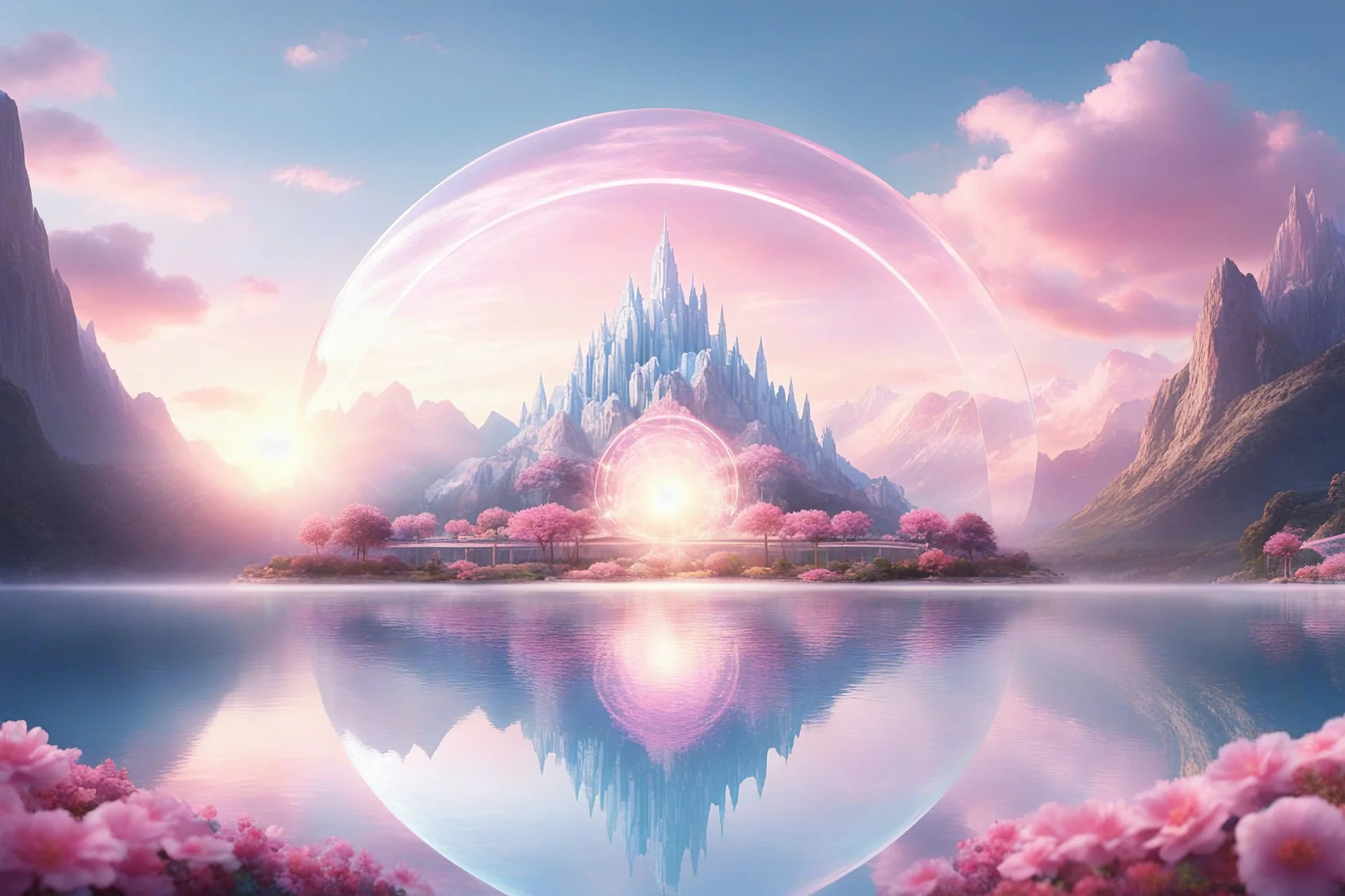 Sun, magnificent and luminous bright transparent silver gold future architectures, in the sky sunset mountains. The architectures looks like a community, The mountains are light and pastel blue and pink colored made with cristal, sweet shapes, domes. There are lakes, and pink flowers, in the foreground circle of meditating people, transparent realistic looking subtle front glass castle