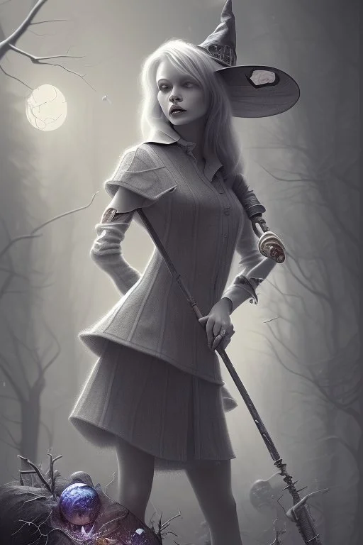 witch with broken leg in hospital, realism, depth of field, professional photo,all colors and grey