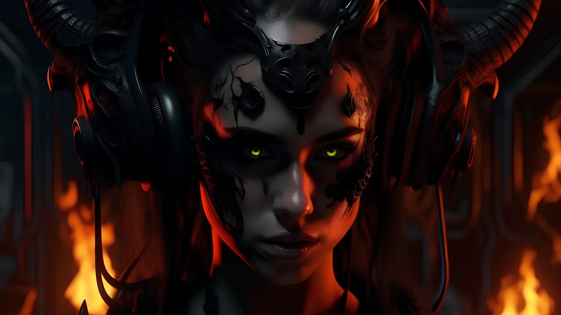 4k full realism full details logo demon femme cheveux noirs yeux noirs cyberpunk firestarter hardrock emission radio pyromane