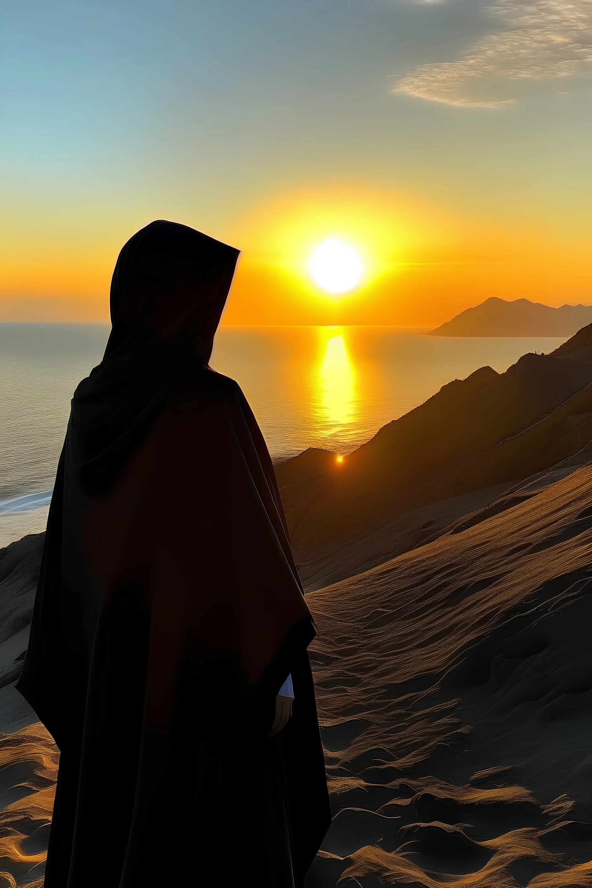 Alone girl in hidjab looking pretty in the sun set at the beach on a mountain from her back