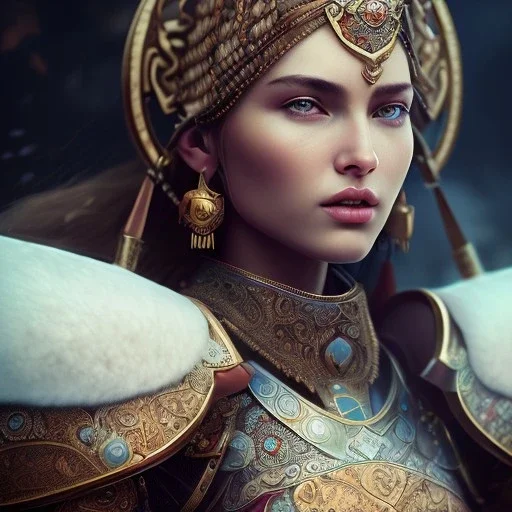 portrait of a warrior with ottoman beautiful girl themed armour, extremely detailed, UHD, 8k,The close-up camera effect,sharp focus, perfect position,hyperphotorealistic, unreal engine 5, octane render