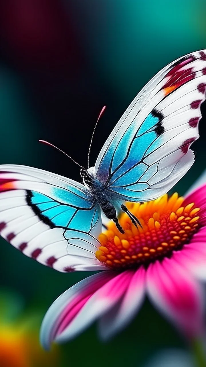 A picture of a white butterfly on a on colorful flower in a plastic painting with colors that express joy 8k