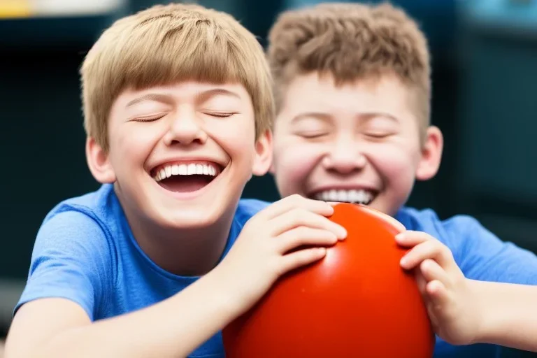 Photo of a boy with a Huge grin and Bowlcur, closed eyes