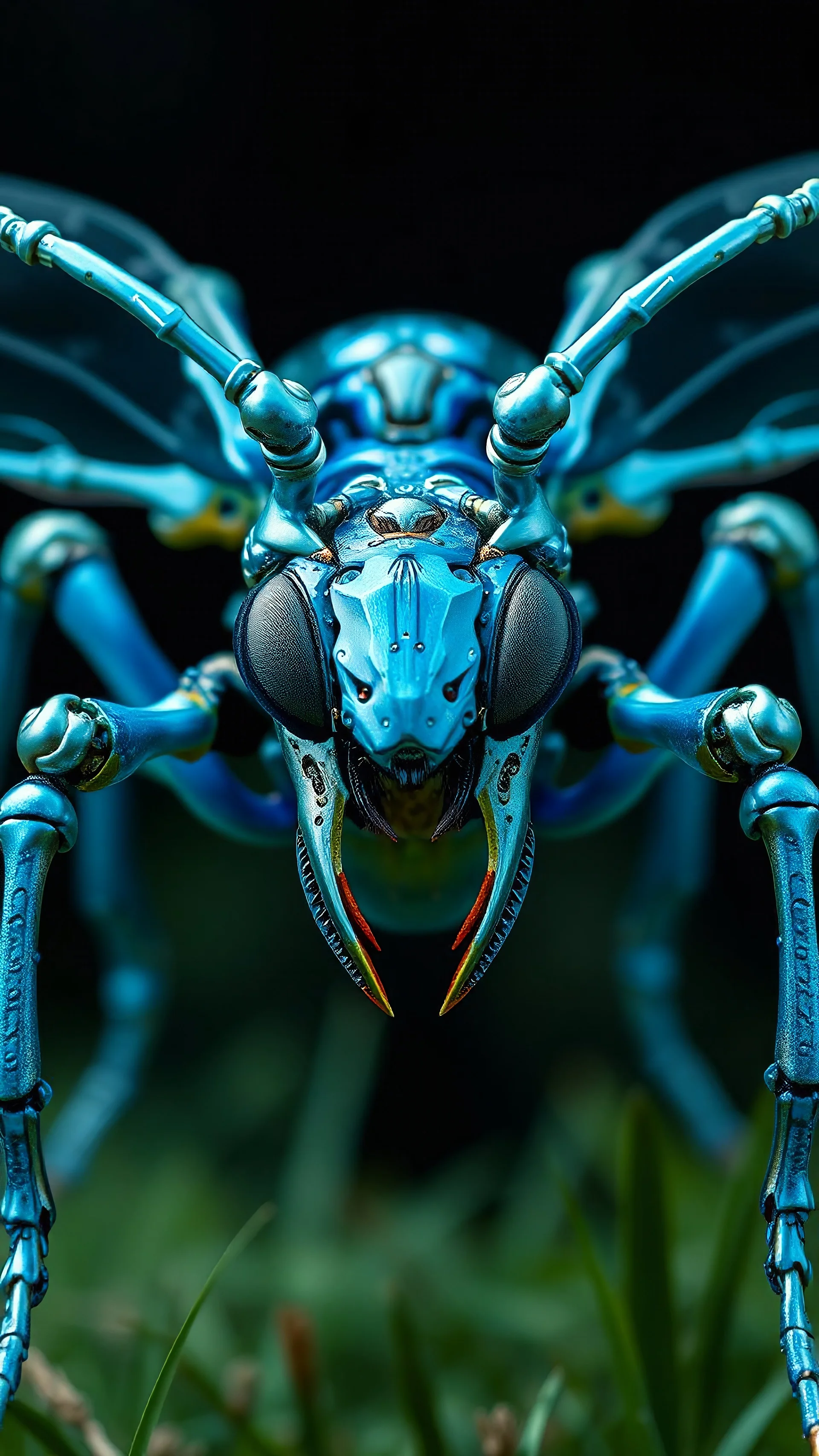 A dynamic front view showcasing the fusion of organic and bones elements, depicting a fully blue bones-ant. Its intricate mechanisms are driven by interlocking blade and complex mechanical blade embedded throughout its glass frame. mist-grass eating leaf