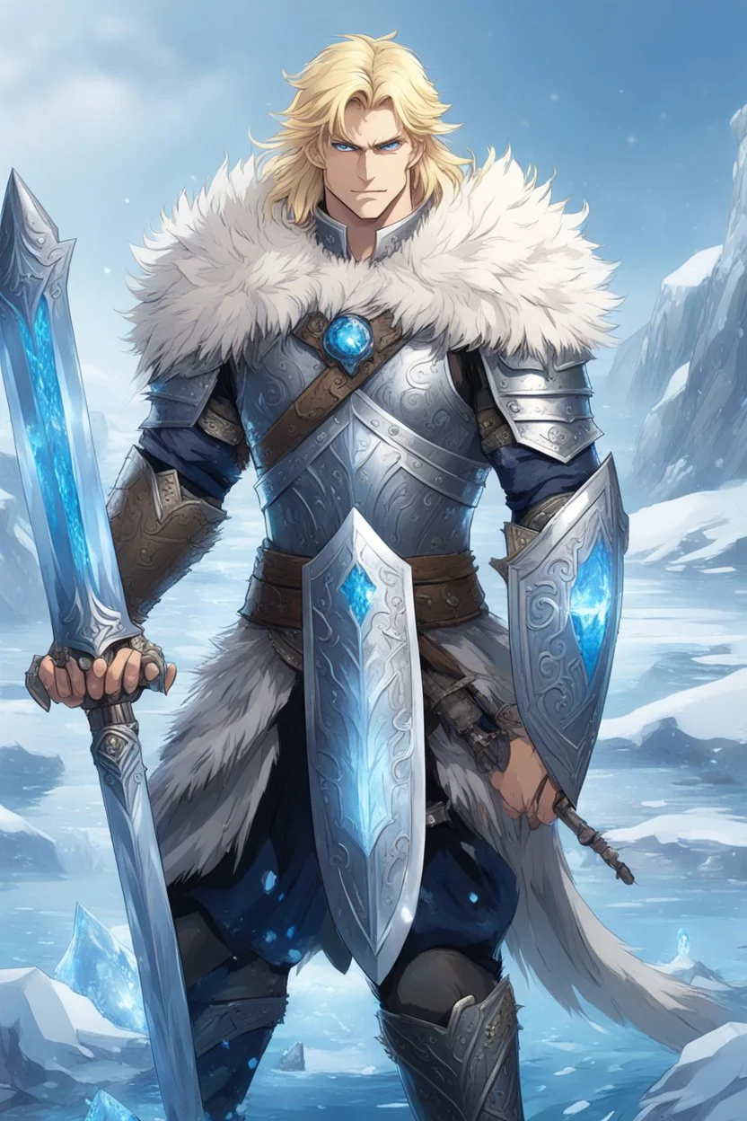 1 anime man. warrior, with blue eyes and blonde hair man in silver Viking armor with fur around the neck with blue crystal on his chest, standing in water in the artic, holding a ice sword and shield, warrior in, anime style