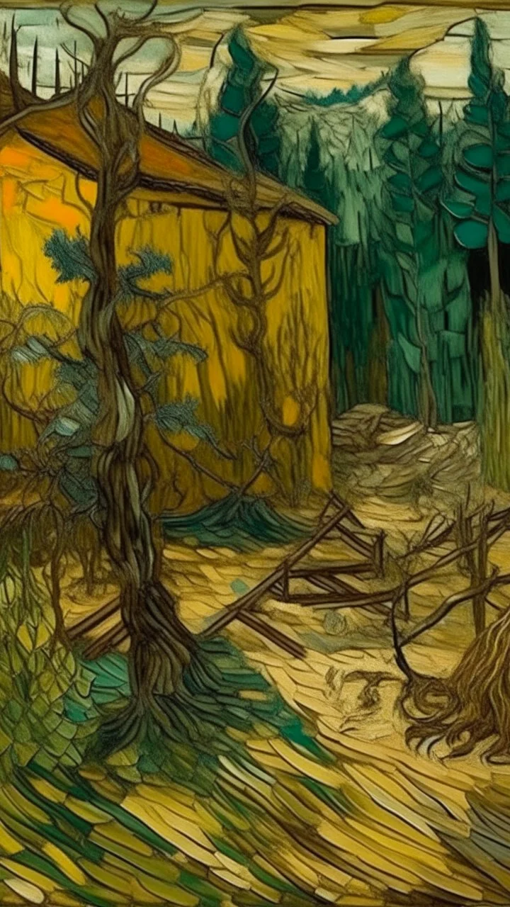 A tan prison in a dry prehistoric jungle painted by Vincent van Gogh