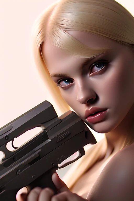 blonde woman with gun, photo realistic, highly detailed, high contrast, extremely sharp detail