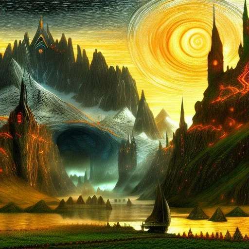 Epic Drawing of Mordor scenery of The LOTR estilo Van Gogh 4k