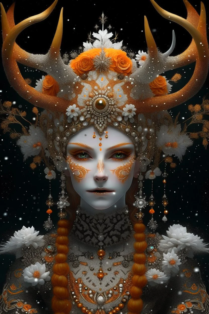 Woman humanoid reindeer queen portrait with extremely textured skin and Golden dust white floral crown and fur, adorned with white and light ginger berry colour snowy leaves and snow flblack. Orchid with small seapearls ornate crystal lace, wearing pearl black lace effect Halloween costume and masque Organik bio spinal ribbed detail of snowy orange candle athmoshpheric full. Ornate floral background white spider web and a pumpkin around extremely detailed hyperrealistic maximálist concept ar 64K