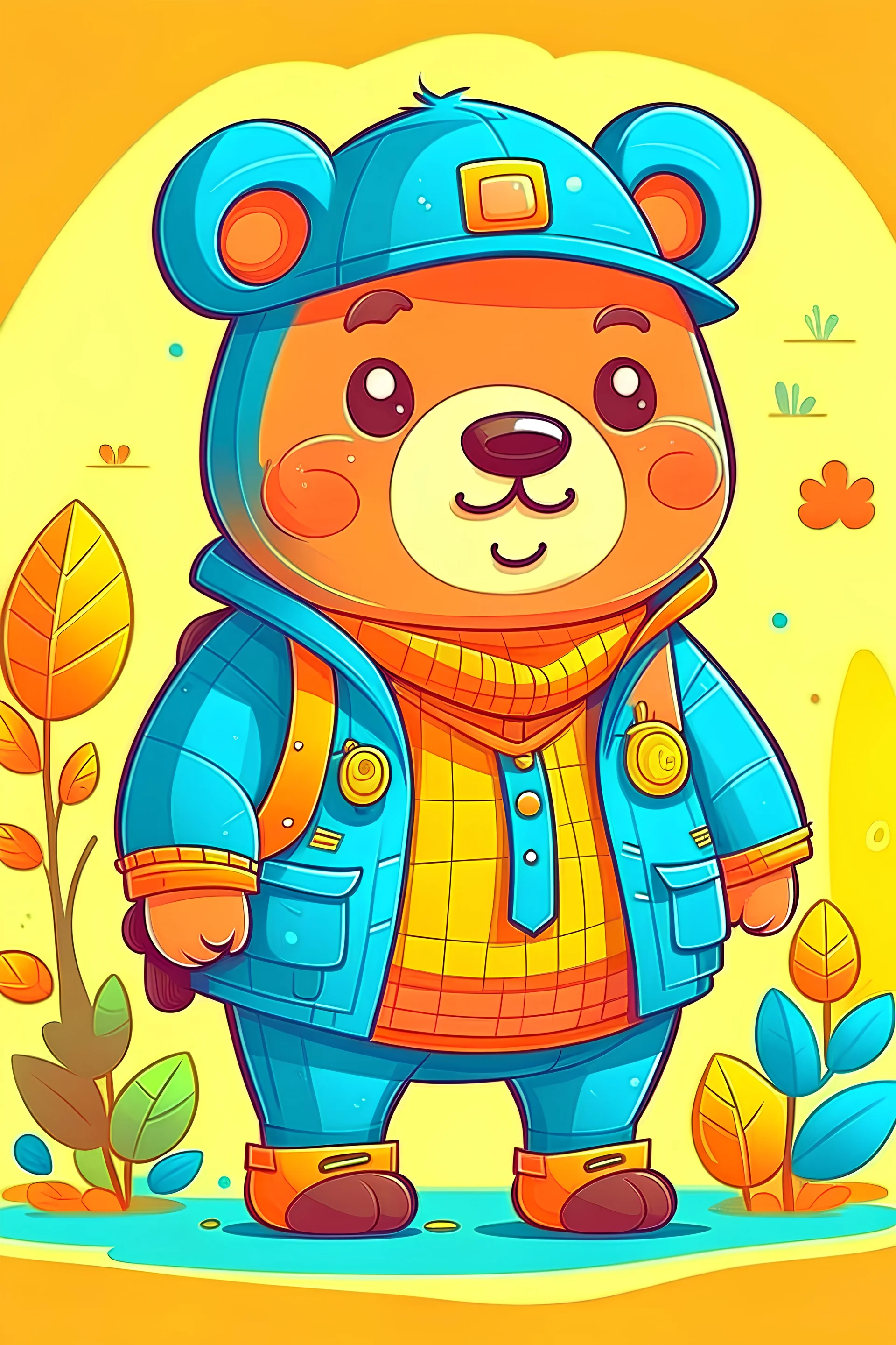 kids illustration, a cute bear is dressed in Western clothes, cartoon style, thick lines, low detail, background bigger than bear, vivid color --ar 9:11