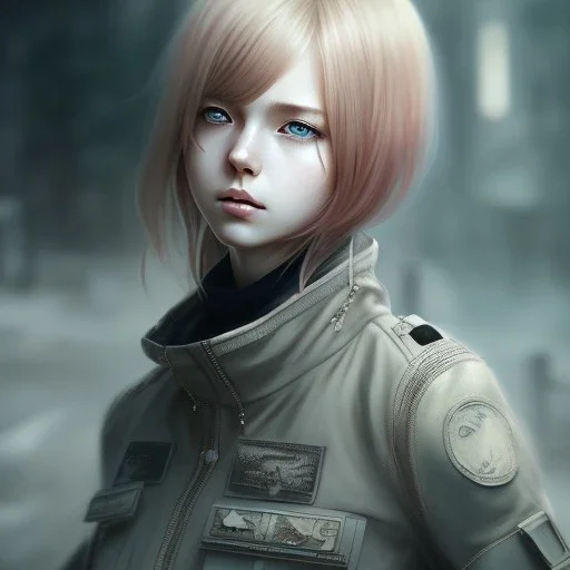 realistic female anime character,in the style of "left alive", in action, beautiful, 21 years old, water color painting, trending on artstation, sharp focus, studio photo, long shot, intricate details, highly detailed, nice eyes